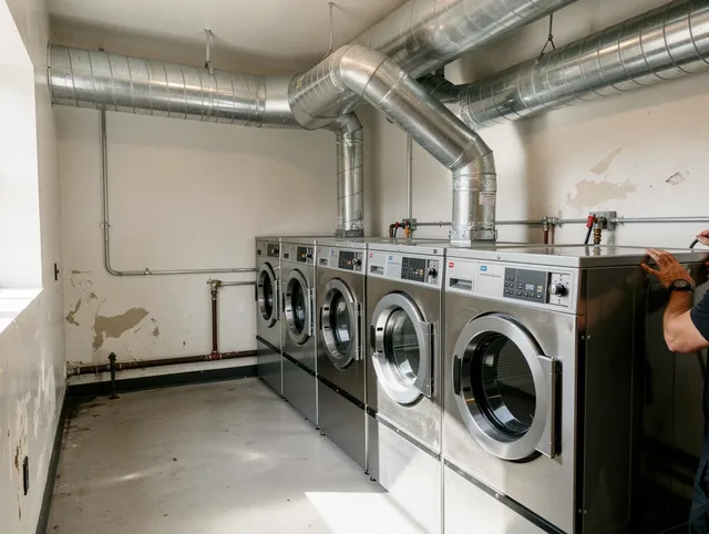 Matthews Dryer Vent Cleaning team performing large-scale commercial dryer vent cleaning in Matthews