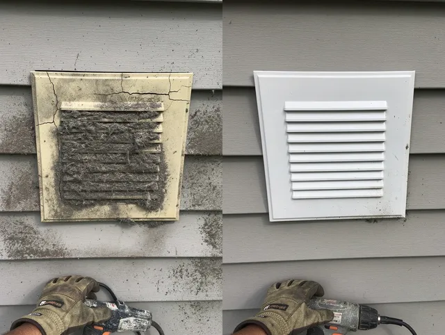 Matthews Dryer Vent Cleaning technician installing high-quality dryer vent cover at a residential property in Matthews