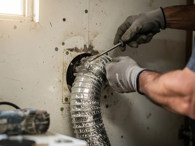 Matthews Dryer Vent Cleaning technician performing precise dryer vent hose installation in Matthews
